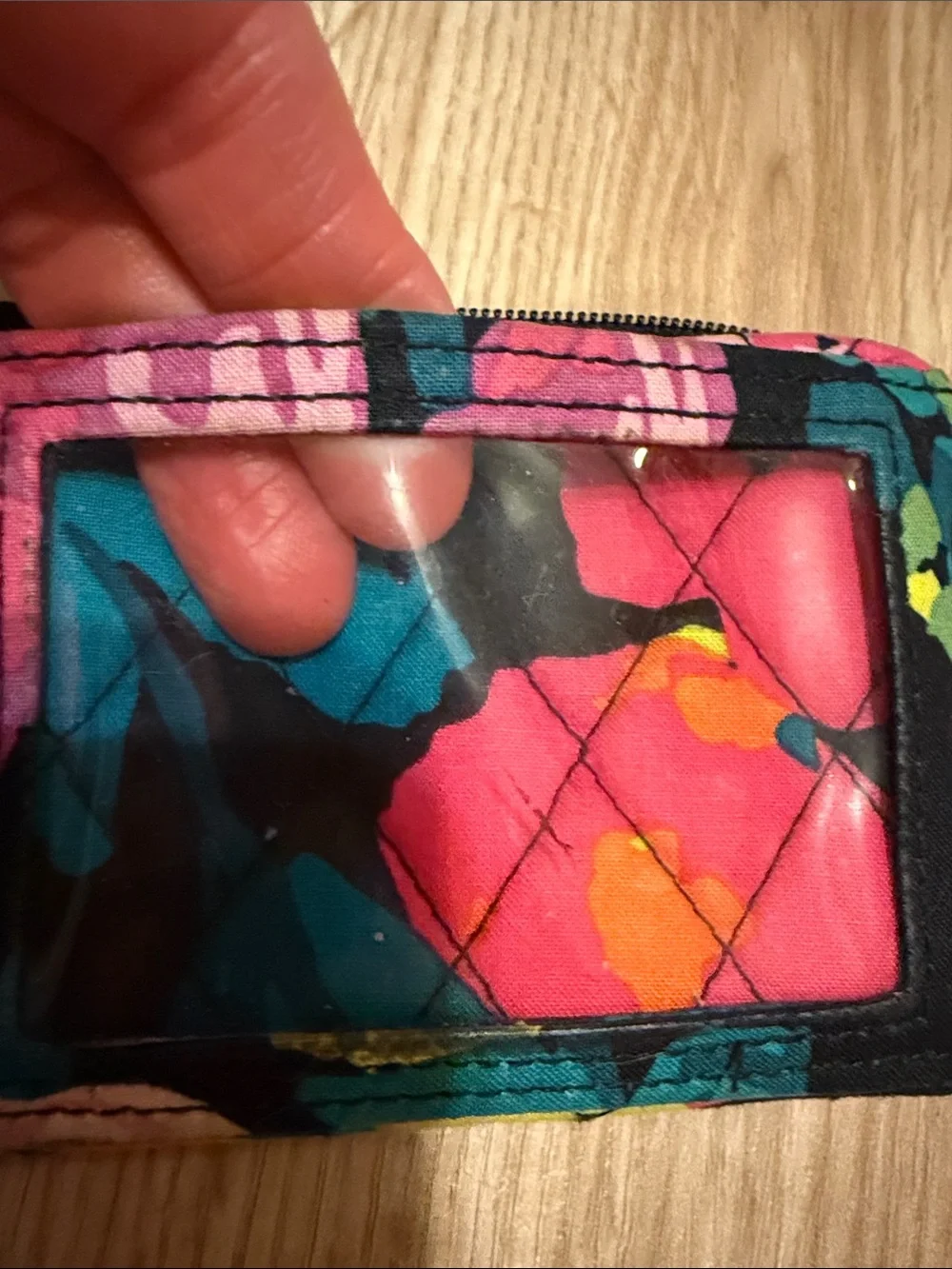 Vera Bradley Black Floral Quilted Zip Wallet with Keyring - Pink, Teal & Yellow